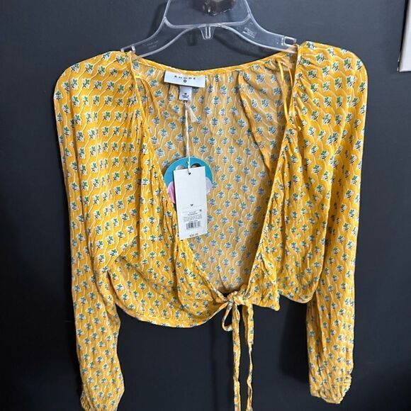 Rode By Target Women's Dainty Lotus Print Wrap Top Yellow/Turquoise Size M NWT - Picture 6 of 9